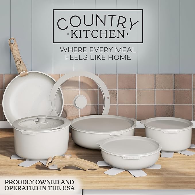 Country Kitchen Cookware Set with Removable Handle, Oven & RV Safe Pots and Pans Set, Cream Gold Speckle Wood Handle, Original