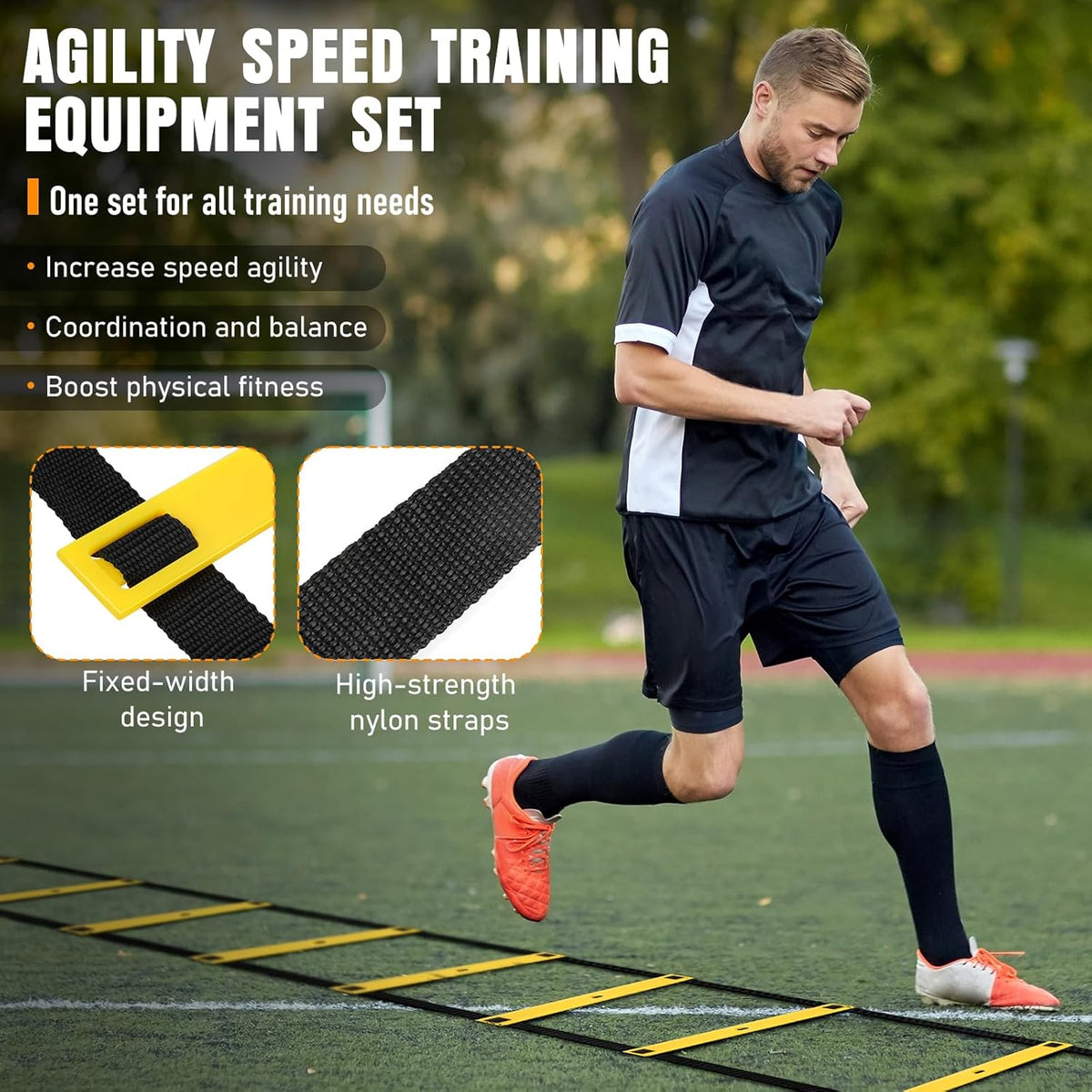 Agility Ladder, Speed Training Equipment Set, 20ft Agility Ladder, 12 Soccer Cones, 4 Hurdles, Jump Rope, Running Parachute, Basketball Football Soccer Training Equipment for Kids, Youth, Adults