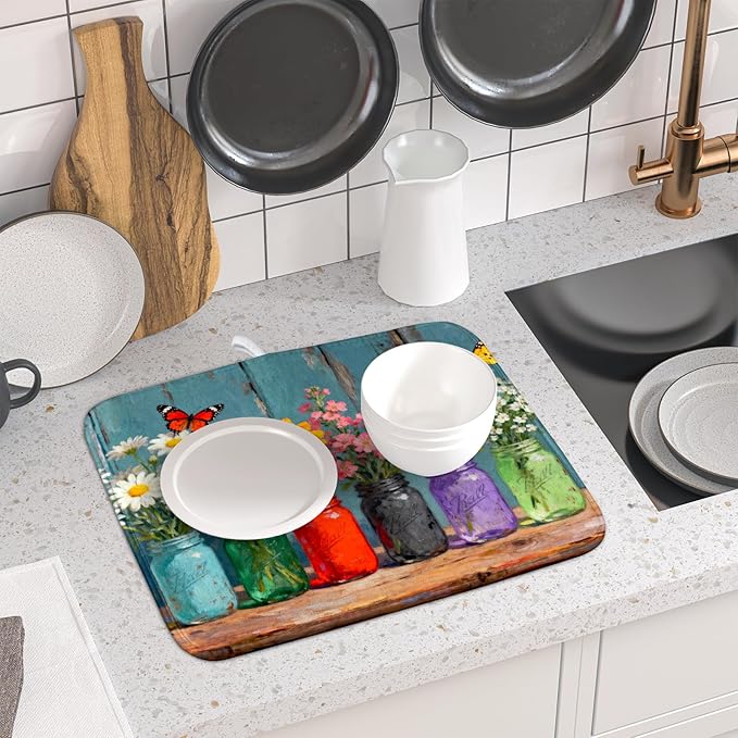 Small Dish Drying Mat for Kitchen Counter 16x18, Spring Summer Floral Decorative Absorbent Reversible Microfiber Kitchen Countertop Protector Dishes Drainer Pad