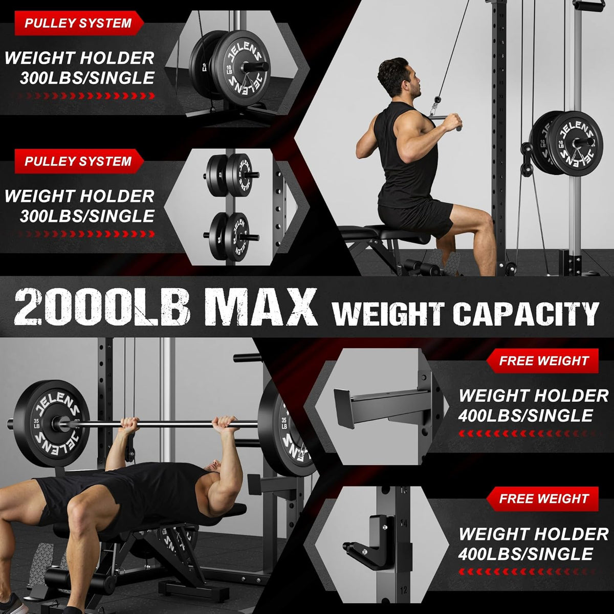 Power Cage, 2000LBS Multi-Function C21 Power Rack with Dual Pulley Cable Crossover System, All-in-One Squat Rack with More Training Attachments