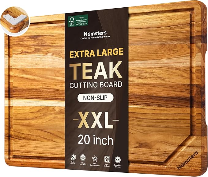 Extra Large Teak Wood Cutting Board for Kitchen 20inch Non Slip Feet Heavy Duty Butcher Block Chopping Board Nice Solid Thick Wooden Juice Groove Big XXL Large Best Hardwood Kitchen Counter Organic