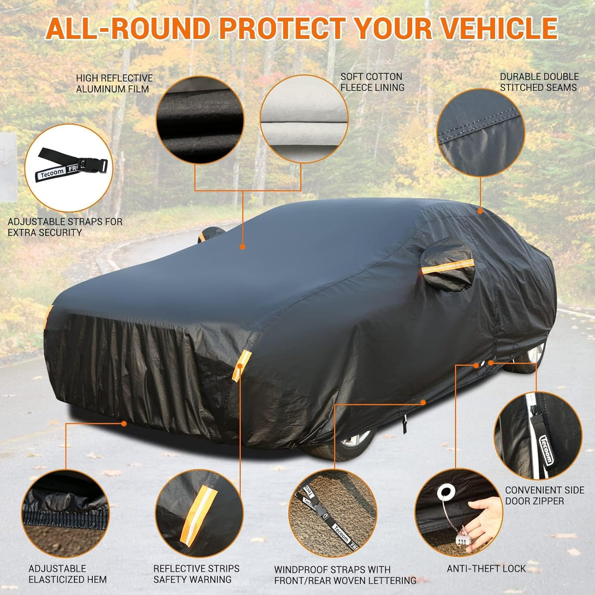 Tecoom All Weather Fleece Lining Car Cover - Windproof, Sun UV Protection, Waterproof, Hail Protector, Zipper Door, Sedan (170-190 Inch)