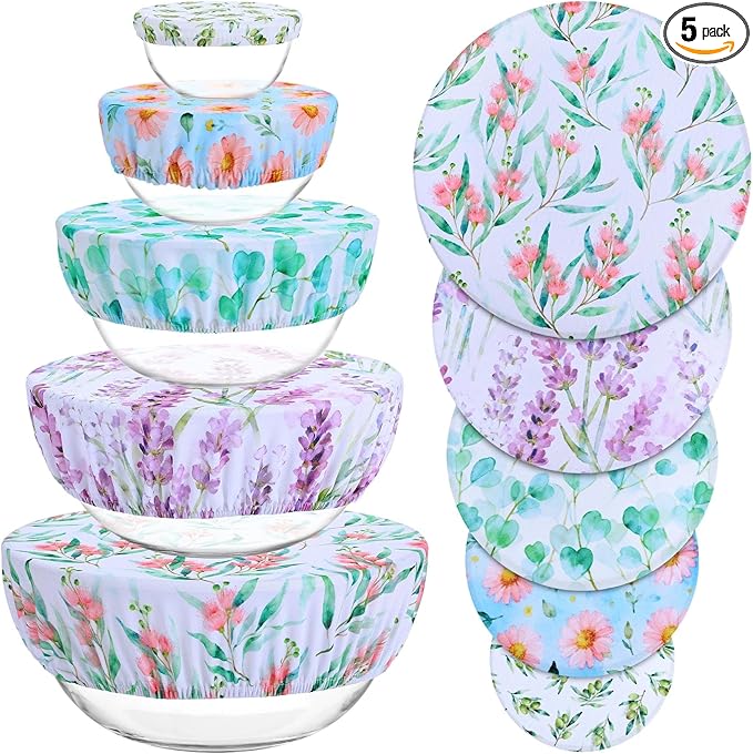 5 Pieces Bowl Covers Reusable, 5 Size Elastic Cloth Bowl Covers for Bread Proofing Stretch Food Covers Washable for Food Fruits Leftover (Pink Floral Eucalyptus leaves)
