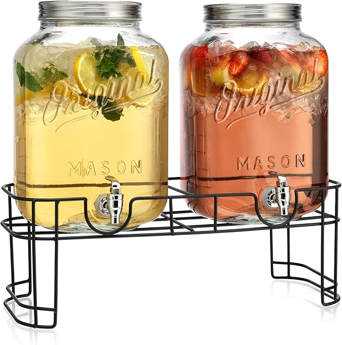 MosJos 2 GALLON Glass Drink Dispensers for Parties, 2 Pack Mason Jar Beverage Dispensers with Metal Stand, Glass Water Dispenser with Spigot, Laundry Detergent Dispenser