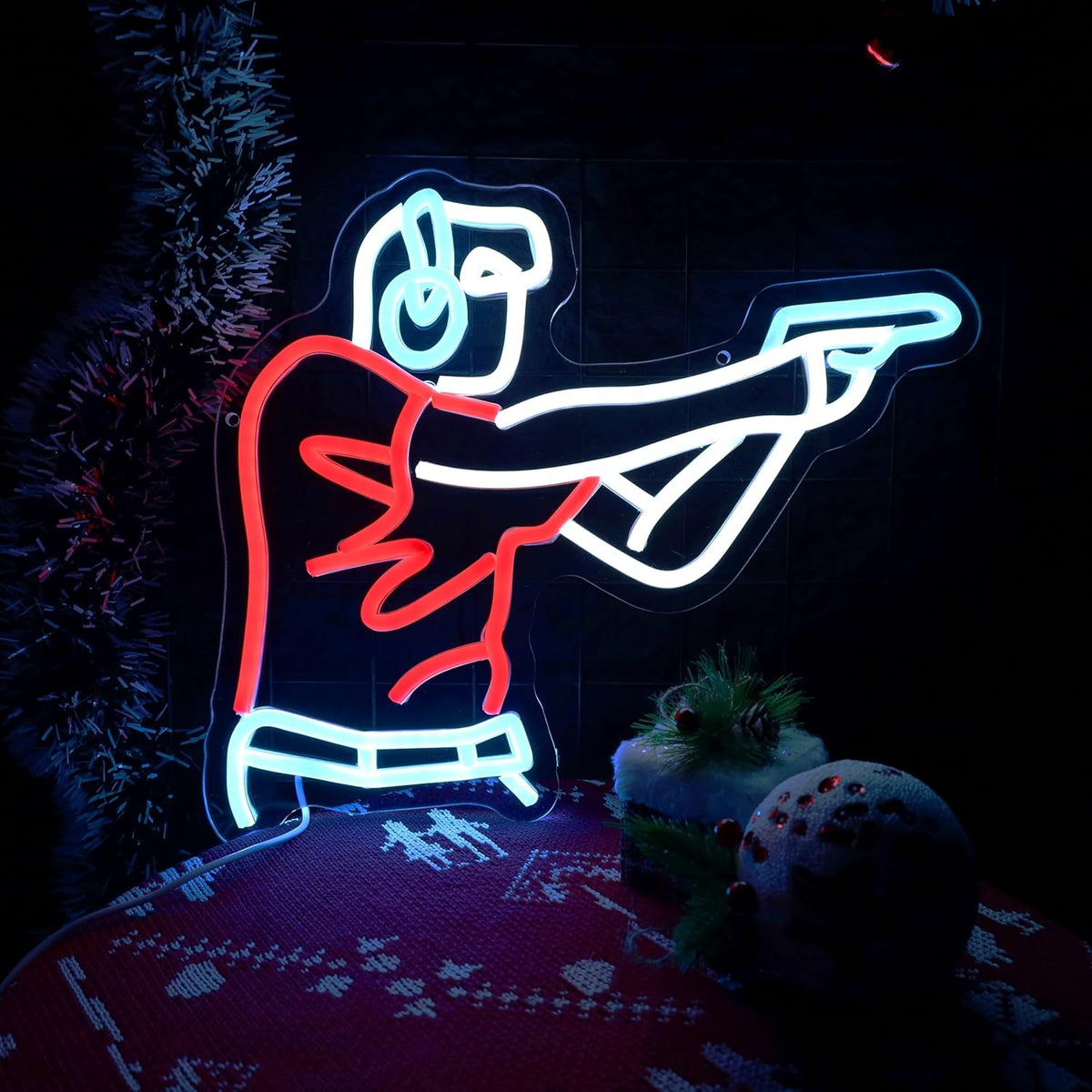 Man Shooting Neon Sign Gun Led Light Up Sign Game Player Gifts Dimmable Shooting Decor for Gun Club Decor Man Cave Game Room 15"×11.9"
