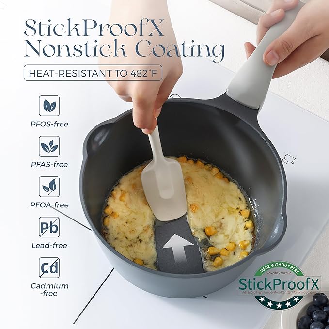 PRICUSIS Ceramic Nonstick Saucepan with Lid, 3 Quart Non Toxic Pot with Pour Spouts, Full Coated, 100% Dishwasher Safe, Induction Compatible & Oven Safe, PTFE PFAS & PFOA Free, Grey