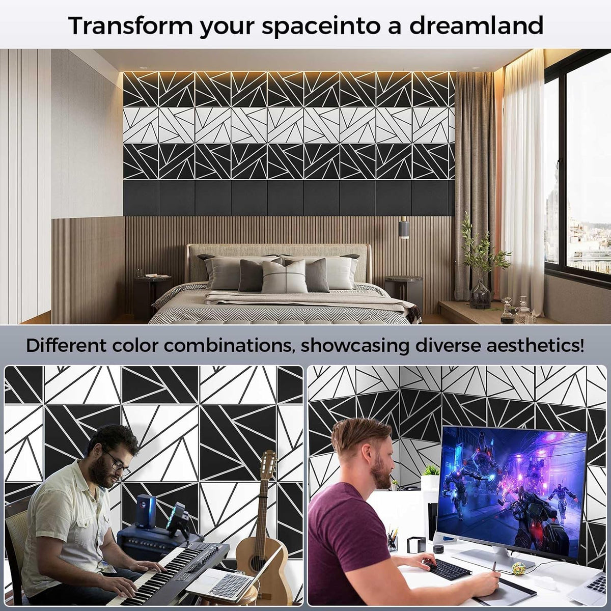 8 Pack 2-Layer Large Soundproof Wall Panels, 15.7 x 15.7 x 0.43 in Sound Proof Foam Panels for Walls,0.9lb/ft* High Density, 3D Acoustic Panels,Artistic Noise Dampening Panels Black&White