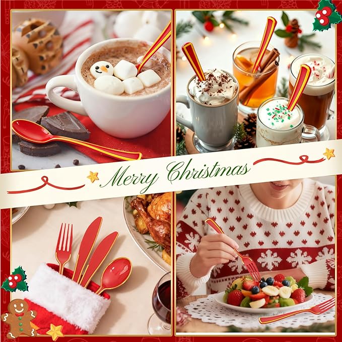 WDF 180 Pieces Red and Gold Plastic Silverware - Disposable Christmas Utensils Include 60 Forks, 60 Knives and 60 Spoons - Heavy Duty Red Plastic Cutlery - for Christmas/Party