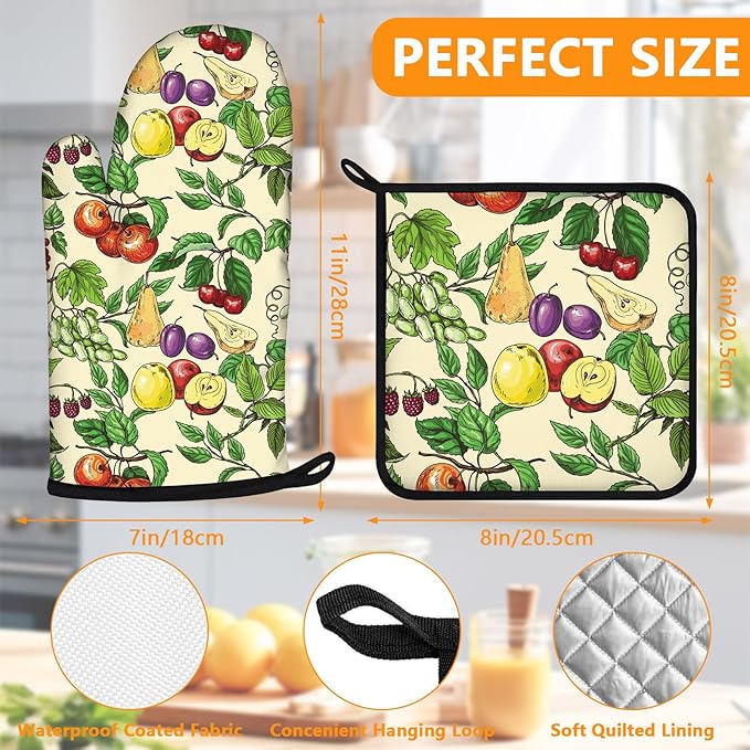 Fruit Oven Mitts and Pot Holders Sets 4Pcs,Extra Long Oven Gloves Potholder for Kitchen Cooking Baking BBQ 100% Cotton Heat Resistant