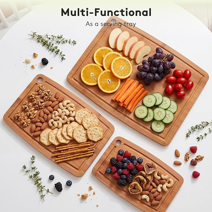 Bamboo Cutting Boards for Kitchen Set of 2, Carbonized Wood Cutting Board Set with Deep Juice Groove for Chopping Meat, Vegetables, Fruits, Nuts, Lightweight & Durable, Ideal Kitchen Gift