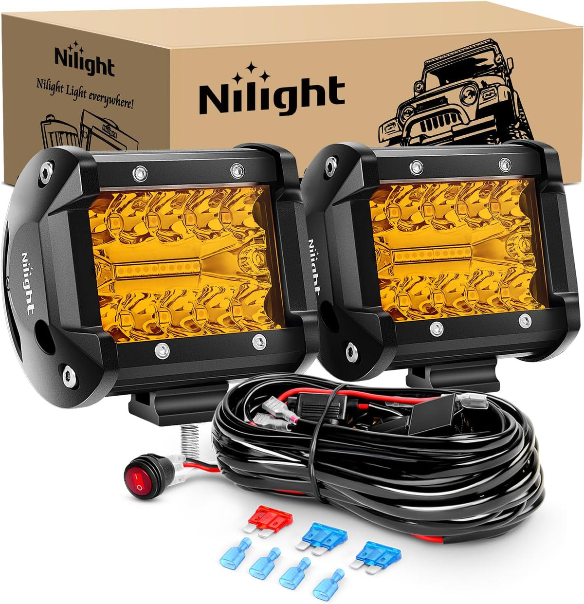 Nilight 2PC 4Inch Amber Led Pods Triple Row 60W Flood Spot Combo Driving Fog Lights with 16AWG Wiring Harness-2 Leads for Offroad Pickup Trucks Jeep ATV UTV SUV, 2 Years Warranty