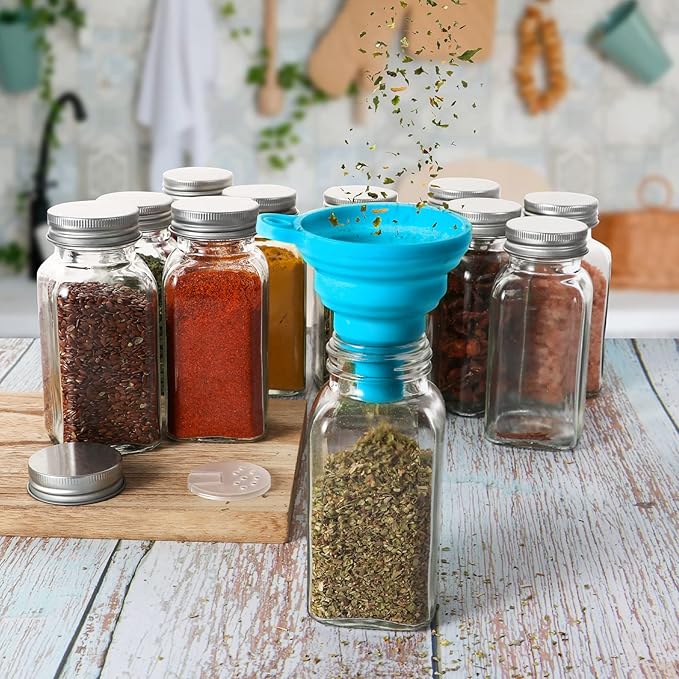 16 Pack 6 oz Glass Spice Jars with 80 Black Labels,180ml Empty Square Spice Containers Seasoning Bottles with Silver Caps and Shaker Lids for Kitchen Storage(Chalk Marker,Funnel and Brush include)