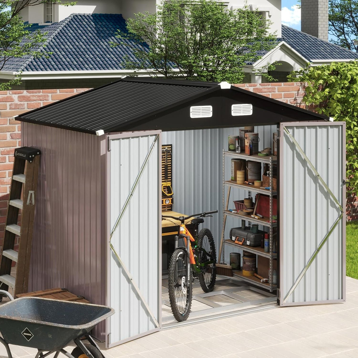 Aoxun 7x5 FT Outdoor Storage Shed with Base Garden Metal Shed with Lockable Door Outdoor Large Shed for Tool, Garbage Can, Bike, Mower, Brown