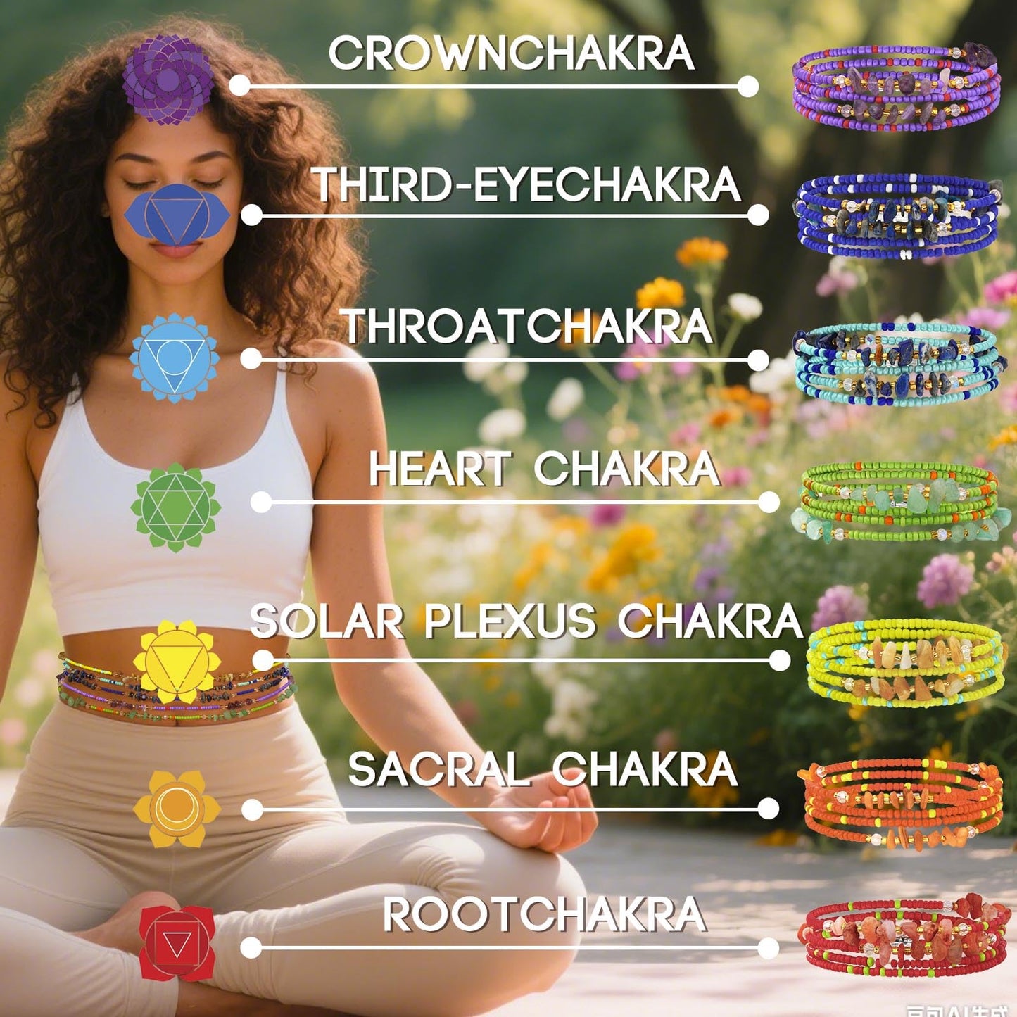 ELABEST Adjustable Handmade Waist Beads Stretchy 23-52 inch 8Pcs Chakra Yoga Body Belly Beaded Women Waist, Anklet, Bracelet, Necklace Jewelry with Screw clasp (Chakra, 39.3inch/100cm)