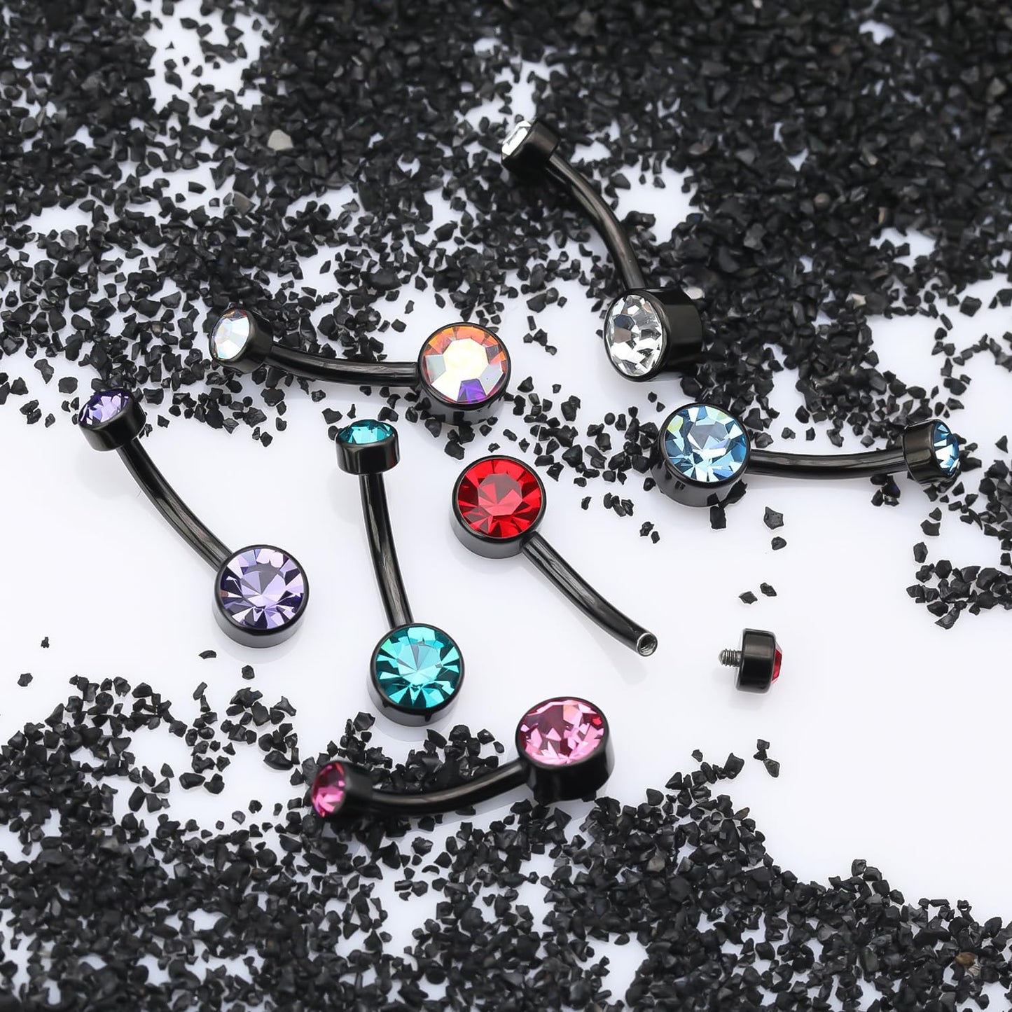 XUU Titanium Belly Button Rings, Black & Silver – 14G Internally Threaded Navel Piercing Jewelry, 10mm & 12mm Curved Barbells with 7 Colors Gems – Hypoallergenic (Black-Violet cz, 10MM)