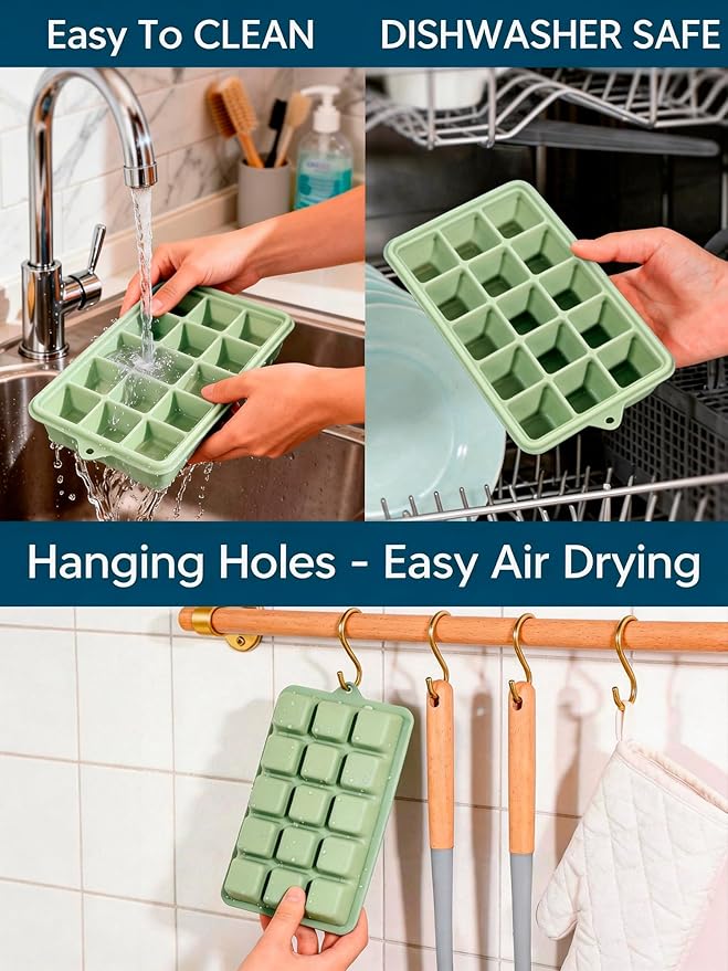 Silicone Ice Cube Tray, 2 Pack Ice Trays for Freezer with Lid, Easy Release and Stackable Silicone Ice Molds, Covered Ice Cube Trays for Cocktails, Whiskey, Coffee (Green)