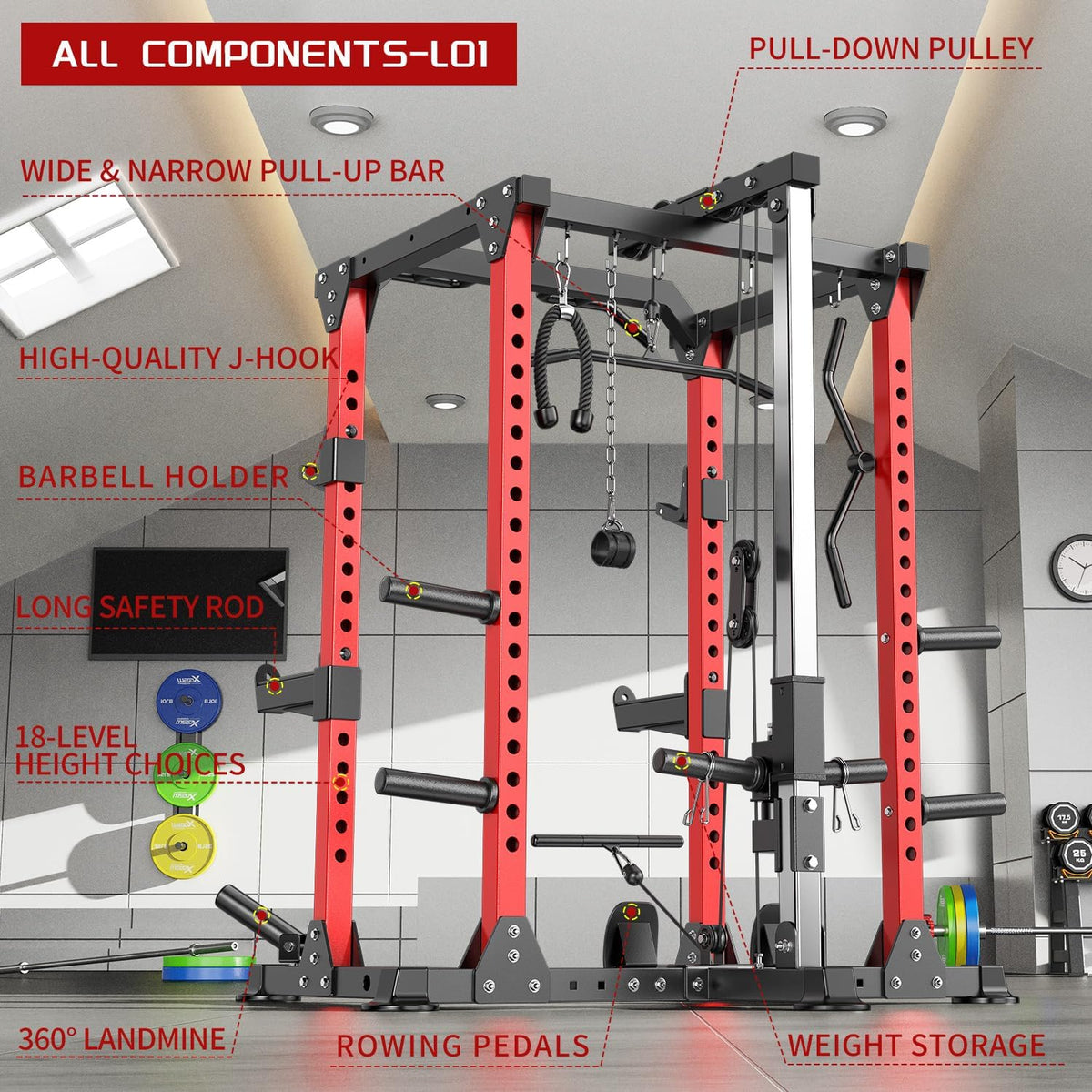 Power Cages Multi-Purpose Squat Rack with Cable Crossover System, Matching Weight Bench, Olympic Barbell Weight Set for Garage and Home Gyms