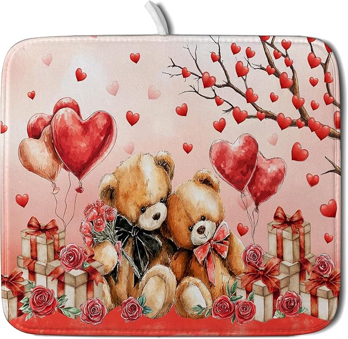 Valentines Day Dish Drying Mat Bear Lover Absorbent Kitchen Drying Mats for Countertops 18 X 16