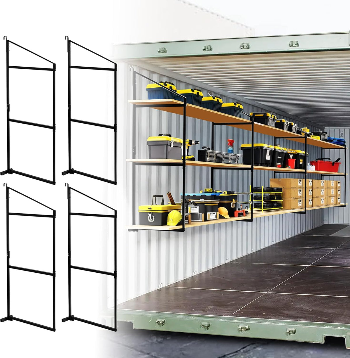 4 Pack Shipping Container Shelving Shelf - 3 Tiers Hanging Bracket Rack With 1100 lbs Capacity - Cargo Storage Accessories (Black, 4PCS-Black)