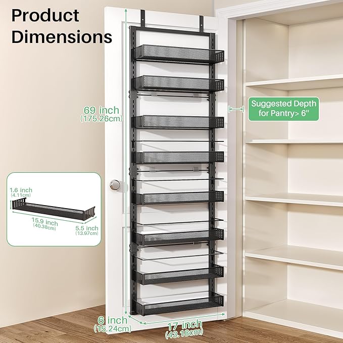 SNTD 8 Tiers Over the Door Organizer - Height Adjustable Pantry Organizers and Storage with Dense Mesh Baskets, Anti-Swing Hanging Door Spice Rack for Kitchen Bathroom (Black, 17" W x 6" D x 69" H)