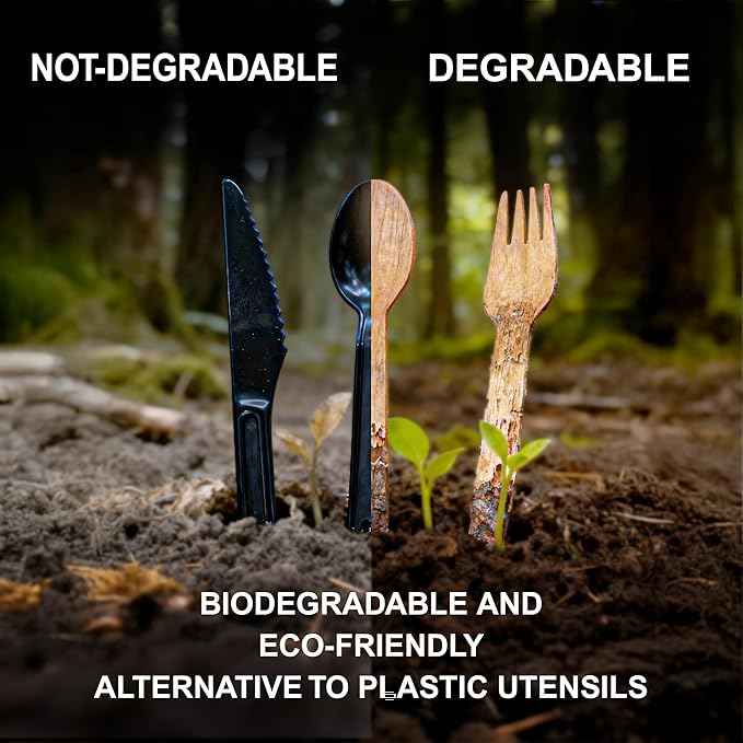 Compostable Wooden Utensils - 360 Pcs [180 Forks, 60 Knives, 120 Spoons], Disposable Cutlery, Biodegradable Wooden Silverware for Parties, Picnics, and Camping