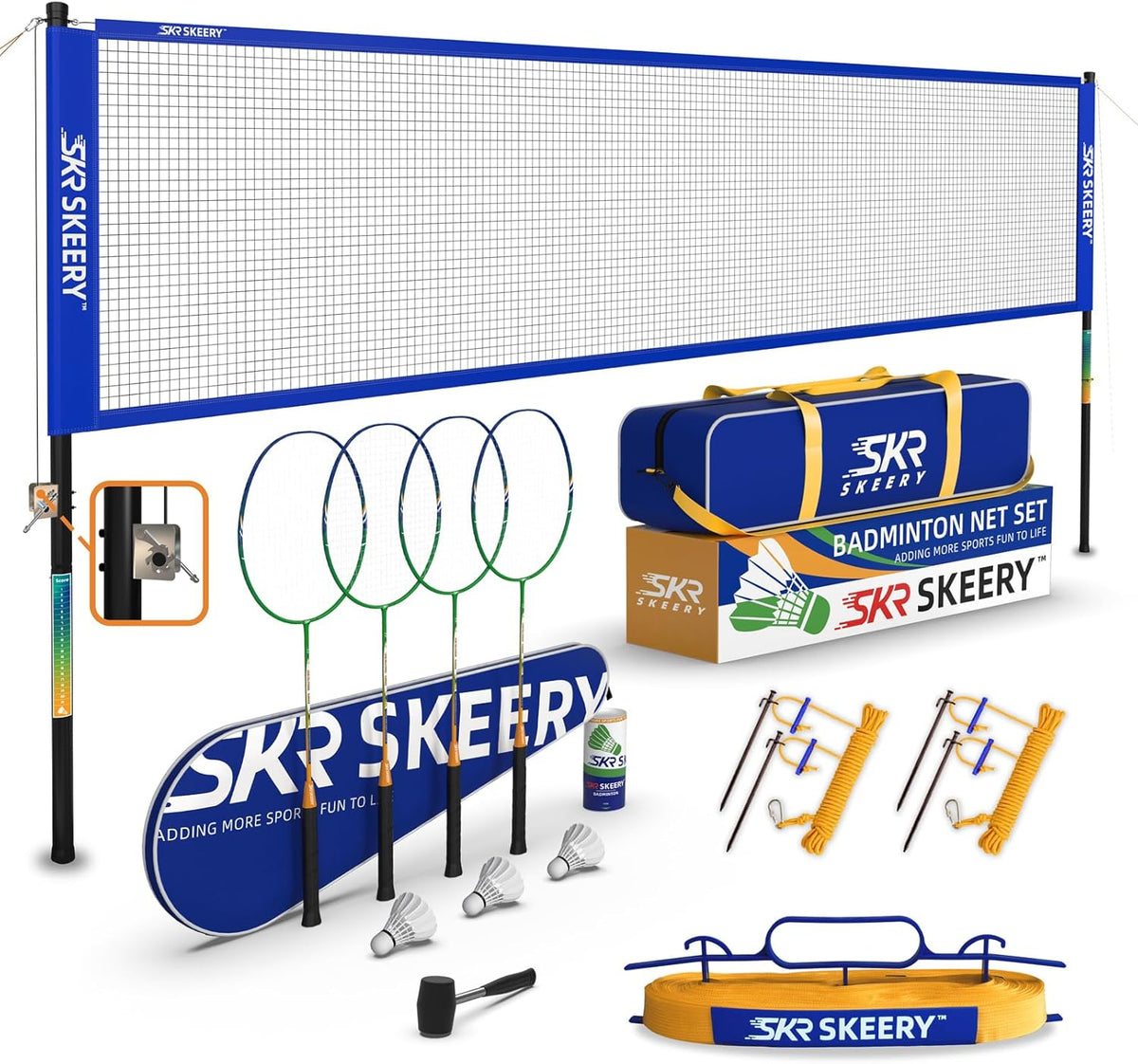 Professional Badminton Set with Winch System,Portable Badminton Net includes Carbon Aluminum Badminton Rackets Set of 4,3 Shuttlecocks and Carrying Bag,Badminton Sets for Backyards,Beach