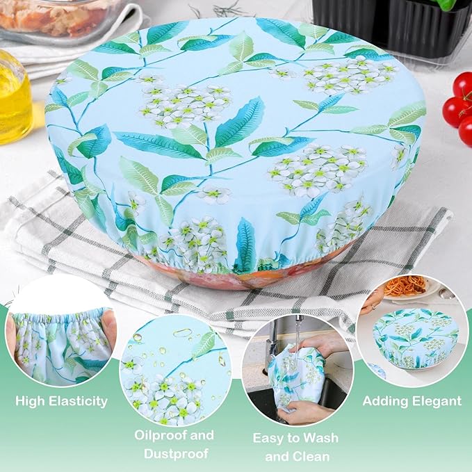 5 Pieces Bowl Covers Reusable, 5 Size Elastic Cloth Bowl Covers for Bread Proofing, Food Covers Washable for Food Fruits Leftover (Eucalyptus Leaves)