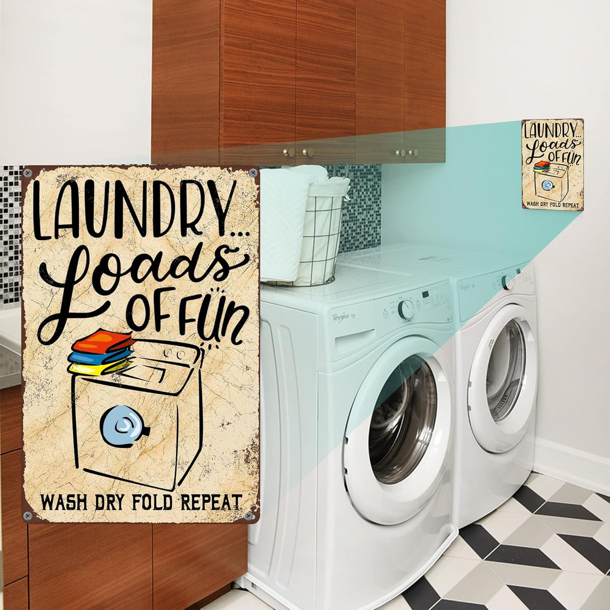 Gocolt Fun Laundry Sign - Vintage Home Decor Unique Accessory Tin Painting Signs - Fits Wall Mounts - Wash-Dry-Fold-Repeat 12x8 Inch
