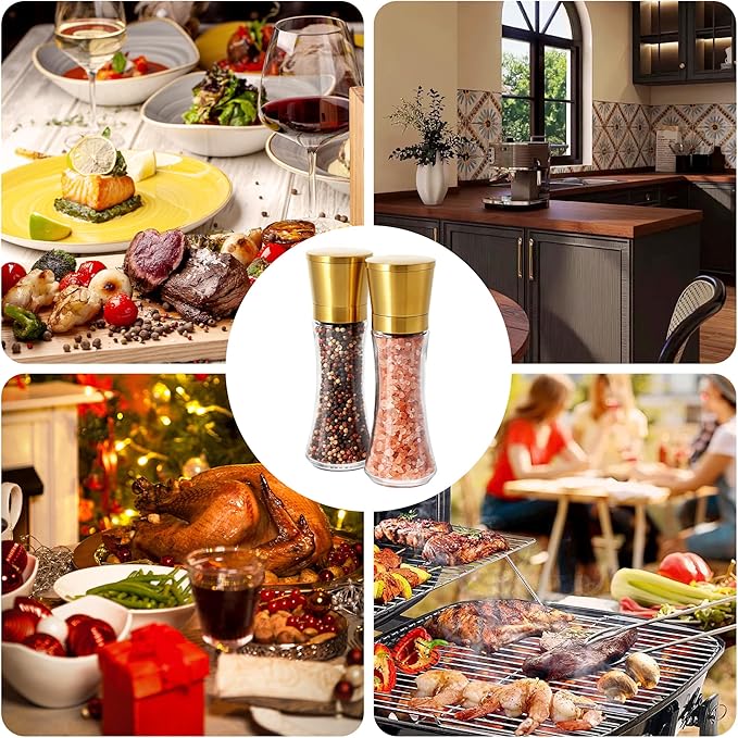 VEVOK CHEF Gold Salt and Pepper Grinder Mill Set Stainless Steel Pepper Shaker Adjustable Ceramic Coarseness Salt Grinder Black Pepper Spice Grinder Mill