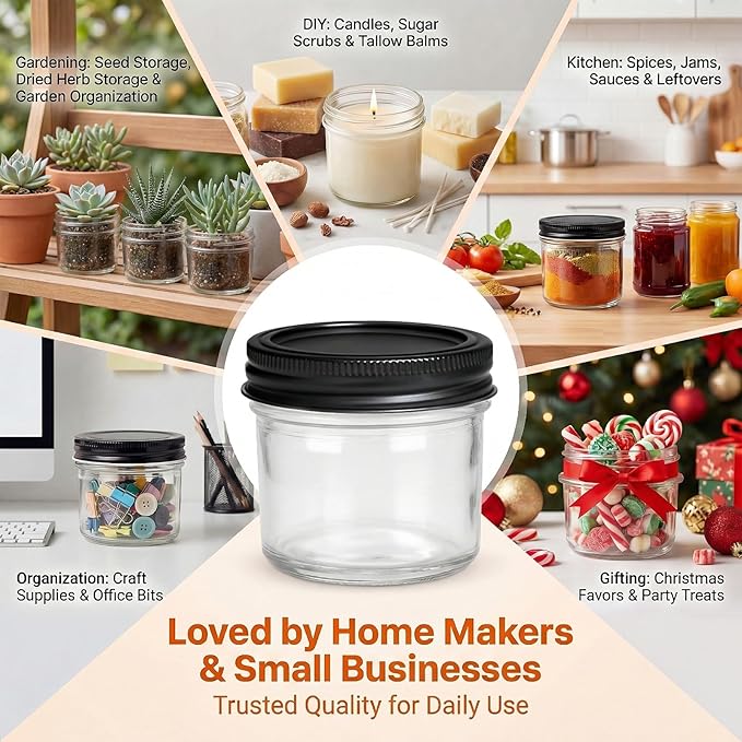 QAPPDA 4oz Glass Jars With Lids And Bands,Small Mason Jars,Mini Canning Jars With Black Lids For Honey,Jam,Jelly,Wedding Favor,Shower Favors,Spice Jars For Kitchen & Home,Set of 40
