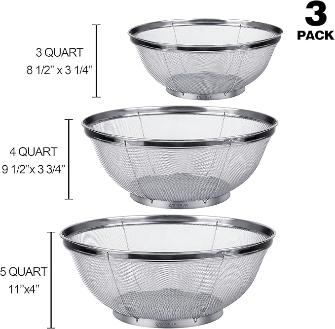 3 Pack Strainers for Kitchen, 18/8 Stainless Steel Colander, Fine Mesh Strainer for Pasta, Rice and Fruit, Sieve for Strain, Drain, Rinse or Steam (5-Quart, 4-Quart and 3-Quart)