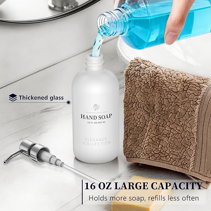 White Glass Soap Dispenser Set of 2, 16oz Hand and Dish Soap Dispenser for Kitchen & Bathroom, Silver Stainless Steel Pump, Non-Slip Base, 14 Waterproof Labels, Minimalist Decor