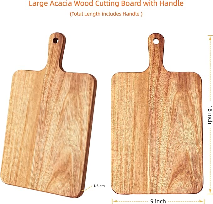 ZeQi Acacia Wood Cutting Board with Handle 16''x9'' / Charcuterie Board/Serving Board/Cheese, Bread, Vegetables & Fruits Serving Board (Rectangular-16x9)