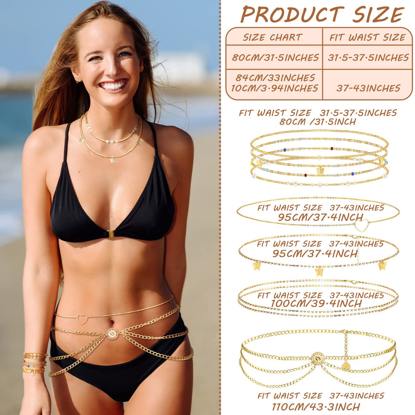 JenPen 8 Pcs Belly Chain Adjustable Waist Chain Summer Beach Bikini Waist Body Beads for Women Adults Multilayer(Elegant Style)