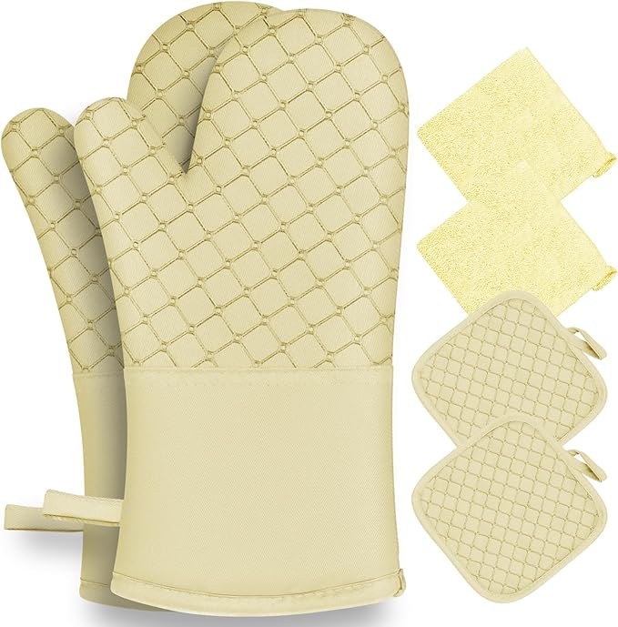6 Pcs Oven Mitts and Pot Holders, 500℉ Heat Resistant Oven Mitts with Kitchen Towels Soft Cotton Lining and Non-Slip Silicone Surface Safe for Baking, Cooking, BBQ (Milkshake/Beige)