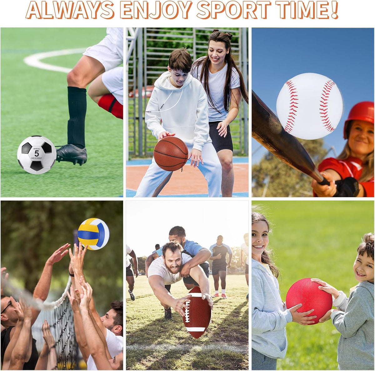 Deekin 12 Pcs Assorted Sport Ball Set Official Size Basketball, Football, Volleyball, Soccer, Baseball, Playground Ball with Bag and Pump Gift for Kid Youth Adult Back to School