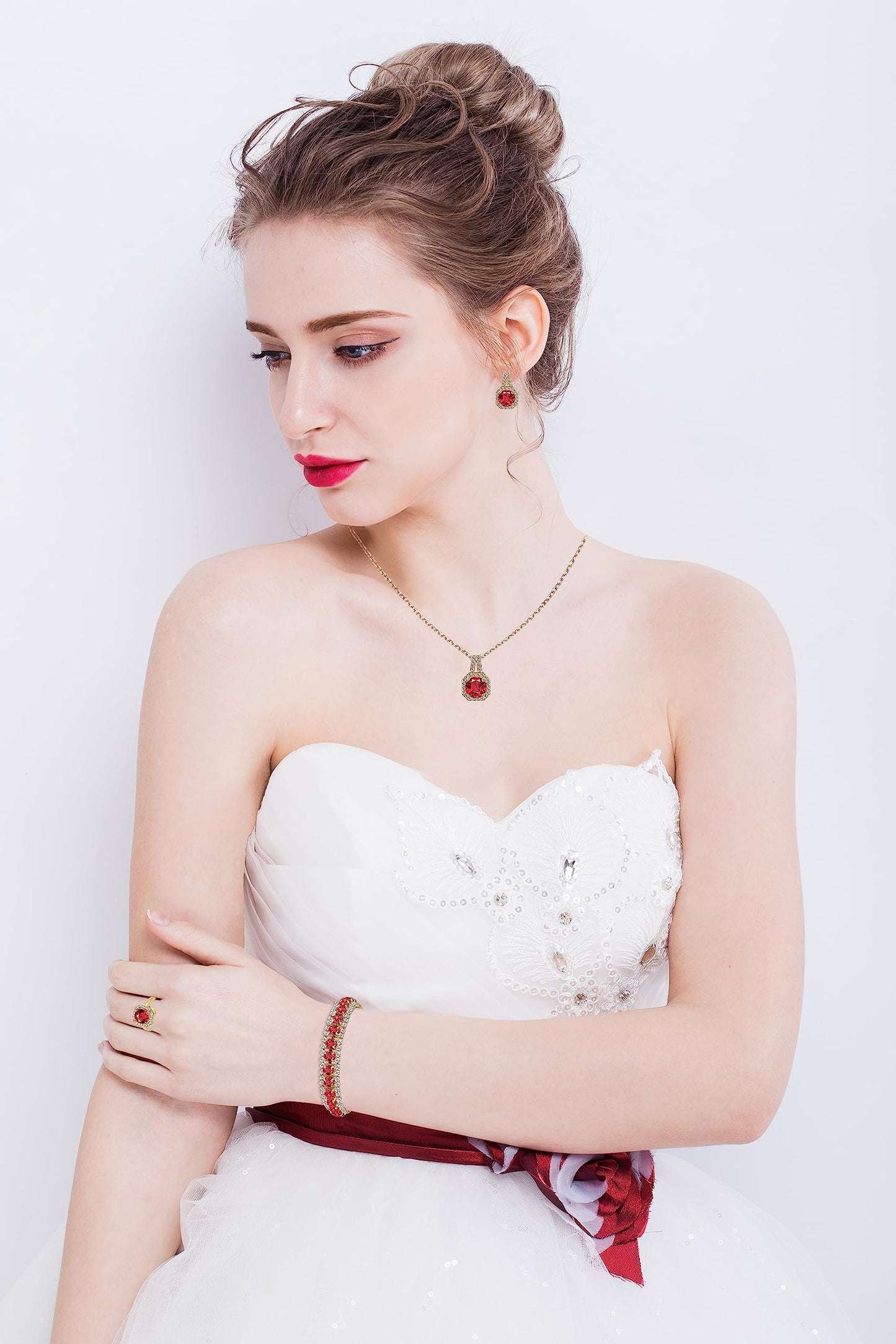 Paxuan Crystal Rhinestone Wedding Jewelry Sets Bridal Pendant Necklace Stud Earrings Link Bracelets Rings Set for Women (Gold Plated Red Cubic Zirconia)