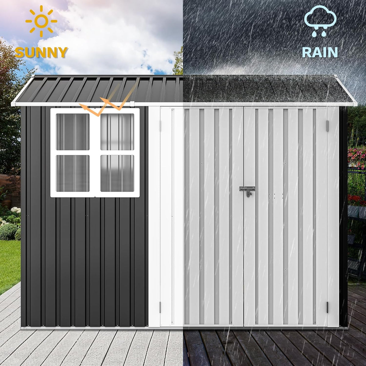 DWVO 8' x 6' Outdoor Storage Shed, Waterproof Metal Garden Shed with Windows, Lockable Doors, and Sloped Roof for Patio, Backyard, Lawn, Tool Storage, Bike Shed, Pet Shelter (Gray + White)