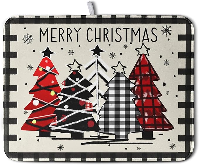 Christmas Trees Kitchen Dish Drying Mat 18x24 Inch Merry Christmas Black White Buffalo Plaid Dish Drainer Mat Absorbent Reversible Microfibe Drying Dish Pad for Winter Kitchen Counter Decor