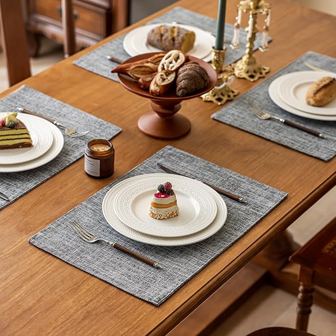 KXN Placemats Set of 4, Dual-Layer Thickened Faux Linen Table Mats, Heat Resistant & Wrinkle-Free, Machine Washable Cloth Place Mats for Kitchen Dining Indoor Outdoor (Light Grey)