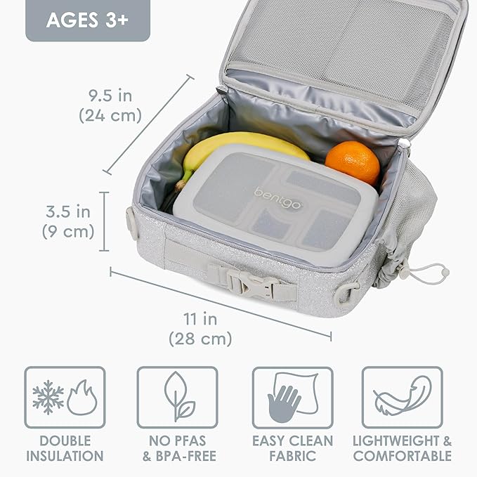 Bentgo Kids Lunch Bag - Double-Insulated, Reusable Lunch Bag for Kids 3+ with Adjustable Strap; Holds Lunch Box/Water Bottle/Snacks; Easy-Clean, Water-Resistant & Pockets (Glitter Edition - Silver)