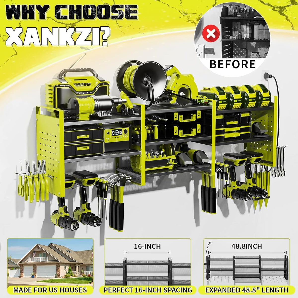 Power Tool Organizer with Charging Station Wall Mount, 3 Layer Expanded Heavy Duty Garage Organization, 48.8 Inch Length Garage Tool Storage, 4 Drill Slot, 16" Standard Hole, Green