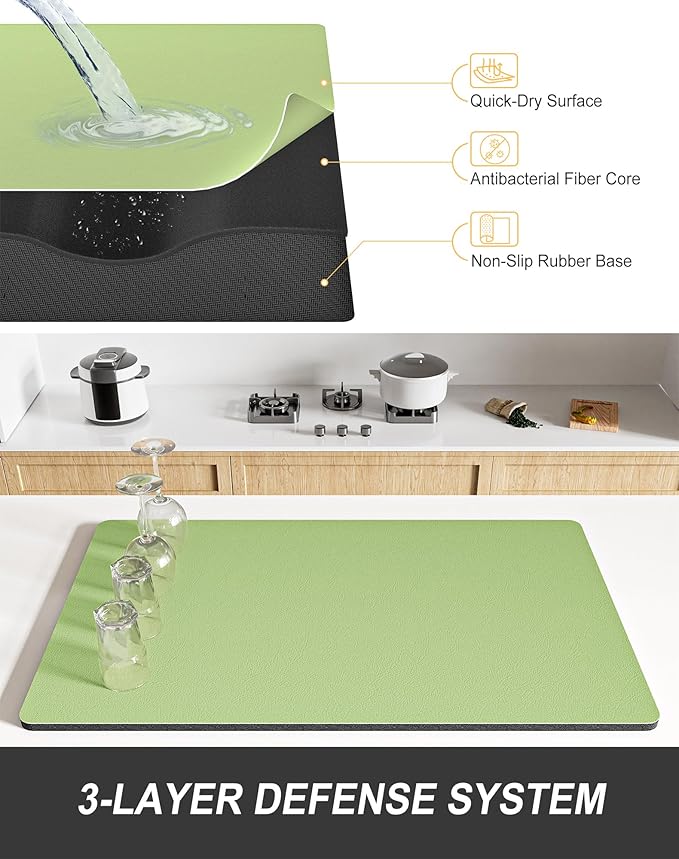 Rnivvi Dish Drying Mat for Kitchen Counter, 12 x 19" Super Absorbent Drainer Pad Easy Clean Dish Rack Pad, Non-Slip Heat Resistant Coffee Bar Mats for Coffee Machine Station Accessories Decor, Green