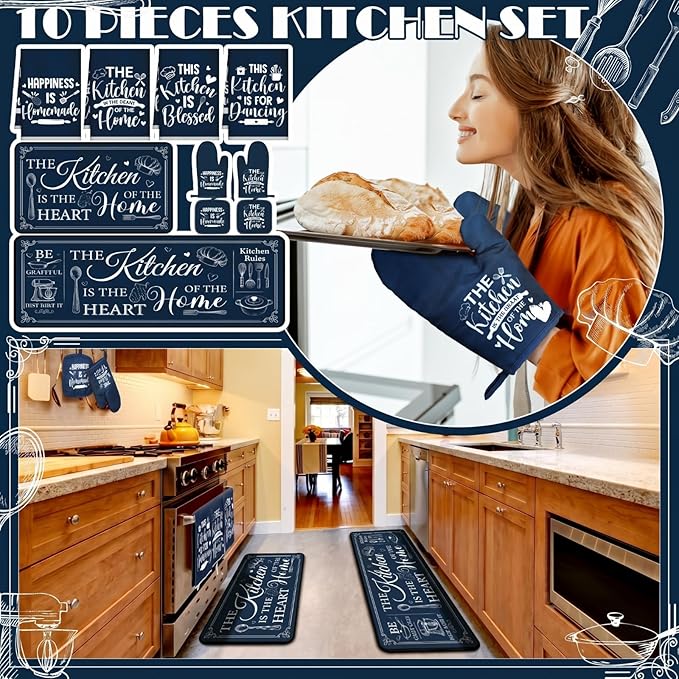 Fourluoo 10 Pcs Farmhouse Kitchen Decor and Accessories Set 4 Kitchen Towels 2 Pot Holders 2 Oven Mitts 2 Rugs for Cooking Baking Mom Housewarming Gifts(Dark Blue,Classic Style)