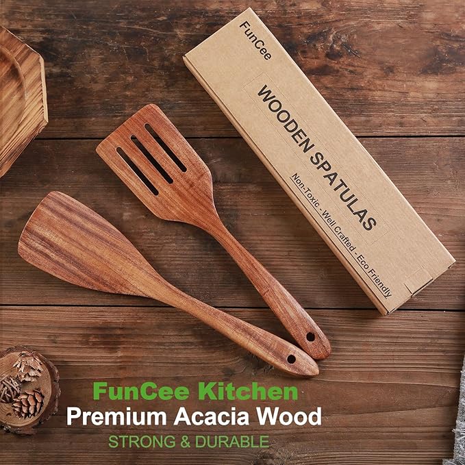 2 Pack Wooden Spatula, Acacia Wood Long Handle Flat Frying Turner, Handmade wooden spoons for cooking, Kitchen Utensil set, Non-Stick Cooking Spurtle Utensils for kitchen use
