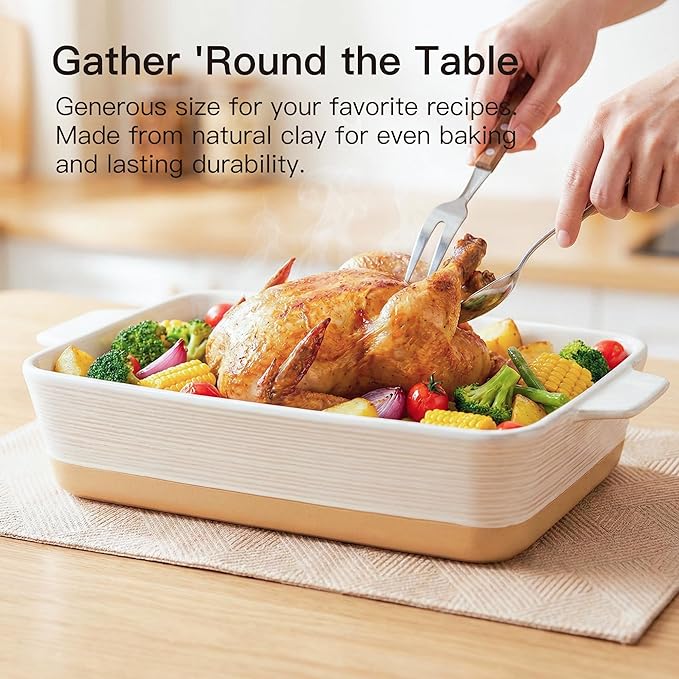 Dafuceramic Casserole Dish for Oven, 4.2 QT Baking Dish, 9x13 Large Porcelain Baking Pan, Durable Rectangular Lasagna Pan Deep with Handles, Microwave Oven Safe, Home Decor, Wedding Gift (Khaki & White)