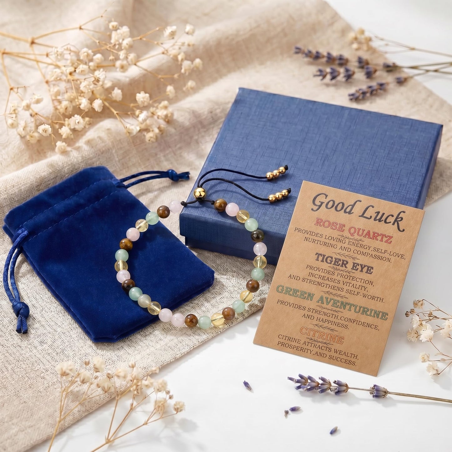 NUKAYAI Good Luck Bracelet for Women Gifts Crystals Karma Luc Vibes Only Rose Quartz Citrine Tiger Eye Green Aventurine Jewelry Natural Stones Teens