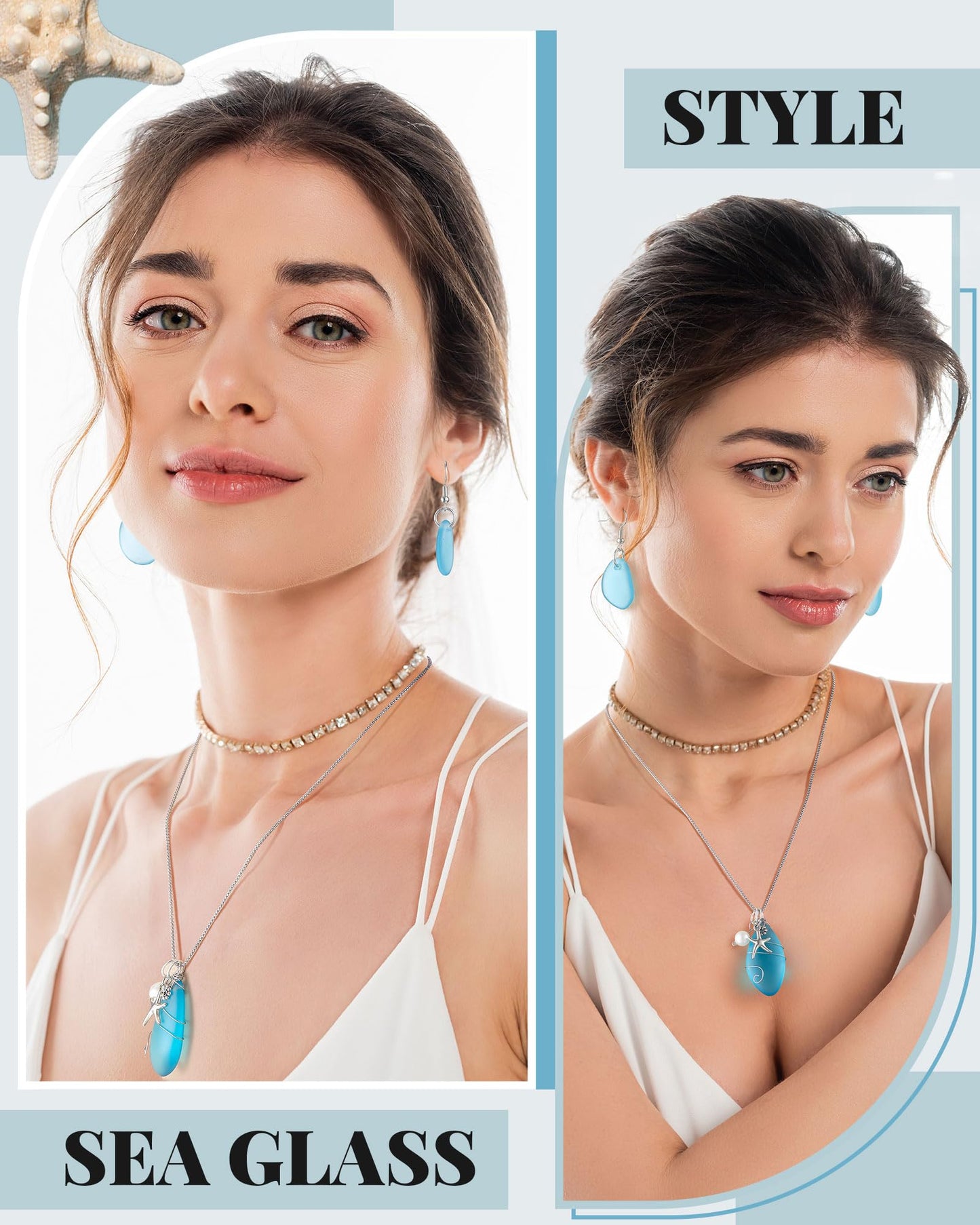 Yinkin 2 Pcs Sea Glass Jewelry Necklace Earrings Sea Glass Gift Set Starfish Ocean Beach Themed Necklace Blue Freshwater Pearls Earring Handmade Jewelry with Gift Box for Women Girls