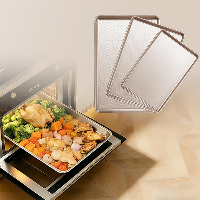 Baking Sheet Set of 3, Nonstick Heavy Duty Cookie Sheets for Oven - 13.6"×9.6"/15.5"×10.6"/17.5"×11.8" Warp-Resistant Carbon Steel Bakeware Trays, Champagne Gold, Dishwasher & Oven Safe