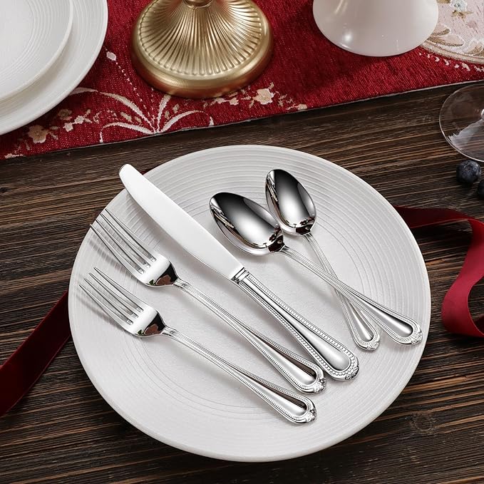 KEAWELL Pearl Edge Premium 20-Piece Refined Bead Silverware Set, 18/10 Stainless Steel, Service for 4, Fine Flatware Set, Dishwasher Safe (20, Silver)